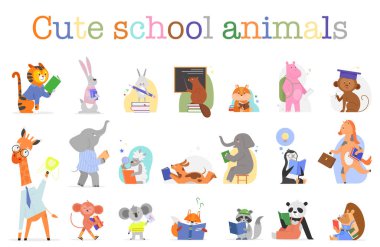 Okul setinde sevimli hayvanlar ders çalışıyor. Hayvanat bahçesinde vahşi hayvanlar ya da okumak için kuşların tuttuğu kitaplar.