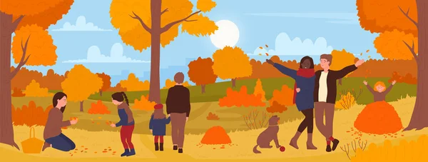 Les gens aiment les promenades dans le parc d'automne paysage naturel, chien de promenade, mère et fille jouer — Image vectorielle