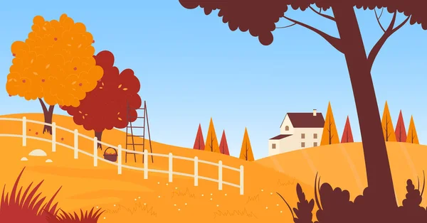 Casa de campo en otoño, campo de pueblo naturaleza paisaje, campo de agricultura, huerto — Archivo Imágenes Vectoriales