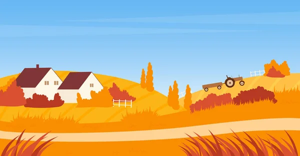 Осенний пейзаж с фермерским домом, дороги и трактор на сельскохозяйственном поле, сельская сцена — стоковый вектор