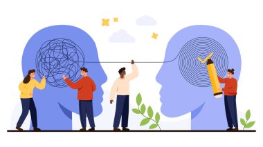 Zihinsel karmaşanın çözülmesine yardımcı olan ve terapi, danışmanlık ve duygusal refah için destek sağlayan takım çalışması, çözüm ve rehberlik kavramı beyaz arka plan vektör ilülasyonunda izole edilmiştir.