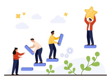 Amaçlara ulaşmak, takım çalışması, liderlik, rekabet ve iş ve eğitimdeki kişisel büyümeyi sembolize etmek için işbirliği yapan insanlar beyaz arkaplan vektör ilülasyonunda izole edilmiş