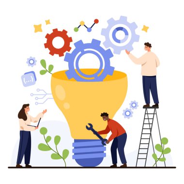 Dişliler, ampul ve problem çözme, yenilik ve mühendislik sürecini temsil eden dijital elementlerle birlikte beyaz arkaplan vektör resimlemesinde teknik proje üzerinde çalışan yaratıcı ekip