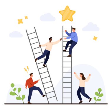 İş adamları, beyaz arka plan illüstrasyonunda izole edilmiş iş yeri yarışmasında hırsı, rekabeti, takım çalışmasını ve desteği sembolize eden bir yıldıza doğru merdivenlere tırmanıyorlar.