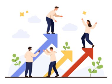 İş büyümesini, gelişmeyi, başarıyı ve beyaz arkaplan vektör ilüstrasyonunda izole edilmiş takım çalışmasını temsil eden renkli yukarı doğru tırmanırken, insanlar birbirleriyle işbirliği ve destek yaparlar.