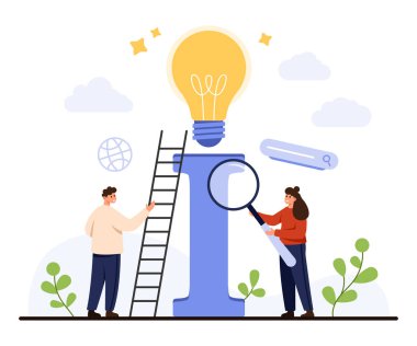 Bilgiyi büyüteç ve merdiven ile araştıran insanlar, bilgiyi sembolize eden büyük harf. Fikirler için parlayan ampul, dijital arama ikonları, beyaz arkaplan vektör ilülasyonunda izole edilmiş.