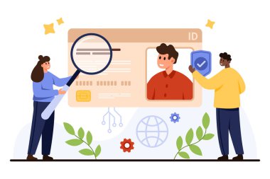 Elektronik pasaport ve kimlik kartını, güvenlik doğrulamasını, kişisel verileri, teknolojiyi, kimlik denetimi, modern kimlik denetimi illüstrasyonunu inceleyen kişilerle dijital kimlik tanımlama kavramı