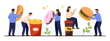 Çeşitli insanlar hamburger, patates kızartması, sosisli sandviç, çörek ve kahve fincanı gibi büyük boy fast food ile etkileşim halindeler. Beyaz arka planda izole edilmiş sağlıksız yemek için eğlenceli bir konsept.