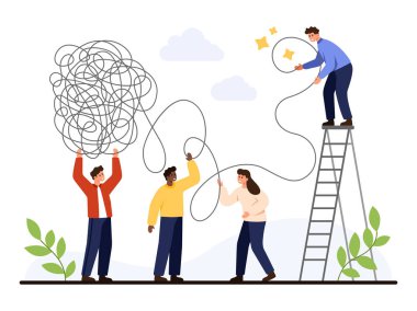 Karmaşık bir karmaşayı çözmek için işbirliği yapan bir grup insan, takım çalışmasını, problem çözmeyi ve yaratıcı çözümleri sembolize ediyor, beyaz arkaplan vektör çiziminde izole edilmiş.