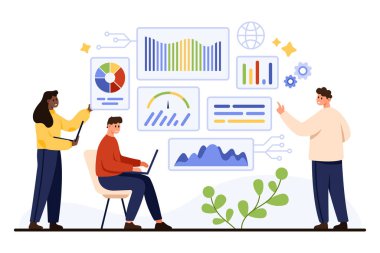 Teknoloji projesi için veri analizi, grafikler ve panel arayüzü üzerinde işbirliği yapan arka uç geliştiricileri, takım çalışması ve dijital çalışma akışını gösteren, beyaz arkaplan vektör ilülasyonunda izole edilmiş
