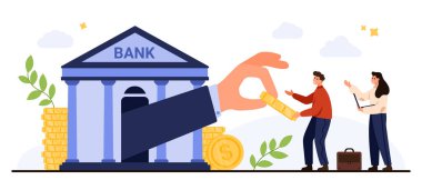 Banka binası, beyaz arka plan vektör illüstrasyonunda izole edilmiş, finansal destek, yatırım ve kredi onaylama sürecini temsil eden iş adamlarına büyük el ile para verir.