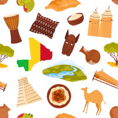 Geleneksel Mali ögeleri harita, maske, davul, yiyecek ve mimari kültürel ve eğitici tasarım projeleri vektör illüstrasyonu için kusursuz bir düzende düzenlenmiştir.