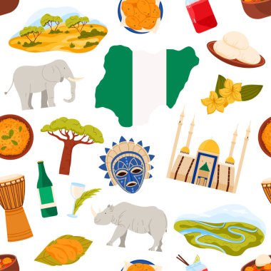 Geleneksel Nijerya unsurları yiyecek, yaban hayatı, manzara ve kusursuz bir şekilde düzenlenmiş kültürel ikonlar, eğitim ve yaratıcı projeler için ideal, beyaz arka plan vektör ilüstrasyonunda izole edilmiş