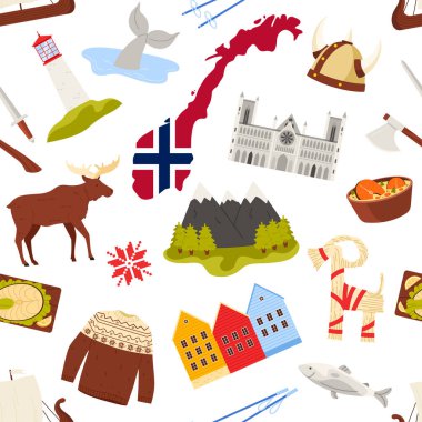 Geleneksel Norveç simgeleri arasında bayrak, Viking miğferi, geyik, dağ, yiyecek ve mimari beyaz arkaplan çizimi üzerinde izole edilmiş, pürüzsüz bir şekilde düzenlenmiştir.