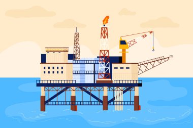 Enerji endüstrisi, petrol çıkarma ve mühendislik projeleri vektör çizimi için tasarlanmış vinçleri, sondaj kuleleri ve okyanus zeminli modern off-shore petrol platformu