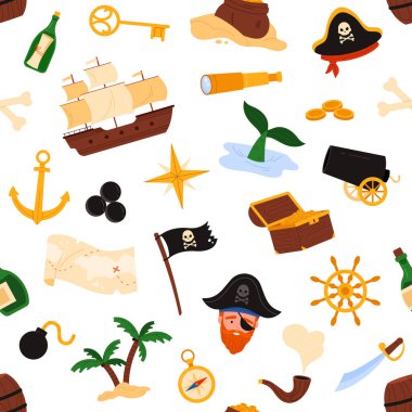 Gemiler, hazine, çapalar, haritalar, korsan şapkaları ve beyaz arkaplan çizimi üzerinde izole edilmiş deniz unsurları içeren renksiz korsan desenleri