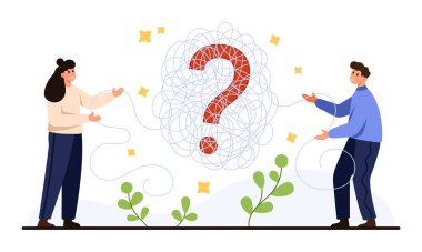 İki kişi, takım çalışması ve yaratıcı problem çözmeyi temsil eden, beyaz arkaplan vektör ilüstrasyonunda izole edilmiş büyük bir soru işareti etrafında karmaşık bir karışıklığı çözmek için işbirliği yapıyor.