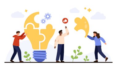 İnsanlar bulmaca parçalarını bir ampul oluşturmak için bir araya getiriyorlar, takım çalışmasını, yaratıcı fikirleri ve iş veya eğitimdeki problem çözümünü temsil ediyorlar, beyaz arkaplan vektör ilülasyonunda izole edilmişler.