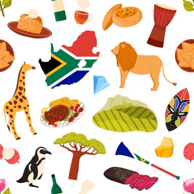 Güney Afrika sembolleri, yaban hayatı, yiyecek, manzara ve geleneksel elementler, seyahat, kültür ve eğitim temaları vektör illüstrasyonları için ideal olan renksiz desen