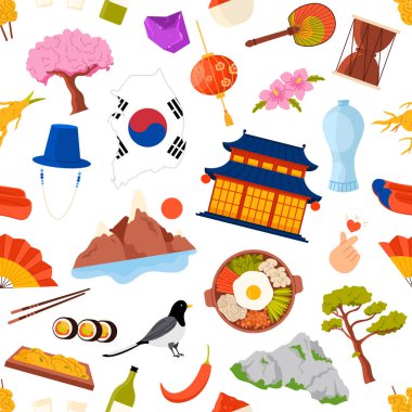 Geleneksel Kore simgeleri, yiyecekler, simgeler ve semboller pürüzsüz bir şekilde düzenlenmiş, Güney Kore kültür ve mirasını vurguluyor, beyaz arkaplan vektör ilülasyonunda izole edilmiş.