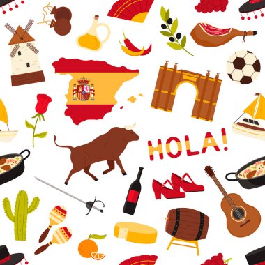 Boğa, harita, yemek, gitar, şarap ve geleneksel elementleri içeren İspanyol kültür simgeleri seyahat ve miras temaları vektör illüstrasyonu için kusursuz bir şablon içinde düzenlenmiştir.