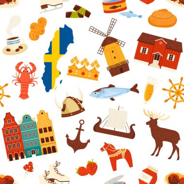 İsveç kültür simgeleri arasında harita, yiyecek, hayvanlar ve pürüzsüz yinelenen desenler halinde düzenlenmiş, arka plan ve seyahat temaları için idealdir, beyaz arkaplan vektör ilülasyonunda izole edilmiştir.