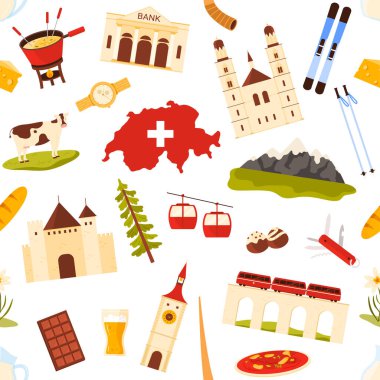 İsviçre kültürü ve seyahat unsurları; dağlar, peynir, çikolata, trenler ve beyaz arkaplan vektörü illüstrasyonunda kusursuz bir şekilde düzenlenmiş simgeler.