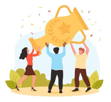 Üç farklı meslektaş birlikte dev bir altın kupayı kaldırıyor, takım çalışmasını, başarıyı ve iş başarısını simgeliyor, konfeti ve bitkilerle, beyaz arkaplan vektör ilülasyonunda izole edilmiş.