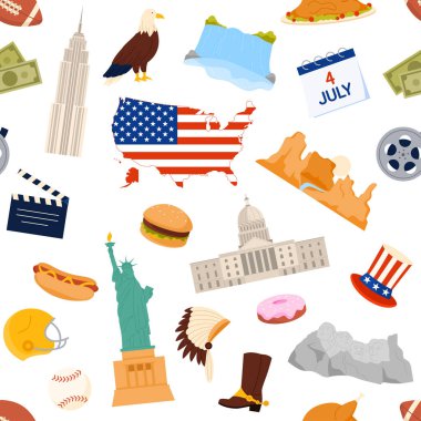 Beyaz arkaplan vektör illüstrasyonunda Amerikan kültürü simgeleri, yiyecekler, semboller ve Özgürlük Anıtı, bayrak ve 4 Temmuz da dahil olmak üzere gelenekleri barındırır.
