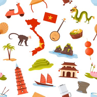 Harita, bayrak, ejderha, yiyecek ve simgeleri de dahil olmak üzere geleneksel Vietnam simgeleri kusursuz bir düzende, kültürel ve seyahat temaları için ideal, beyaz arkaplan vektör ilülasyonunda izole edilmiş