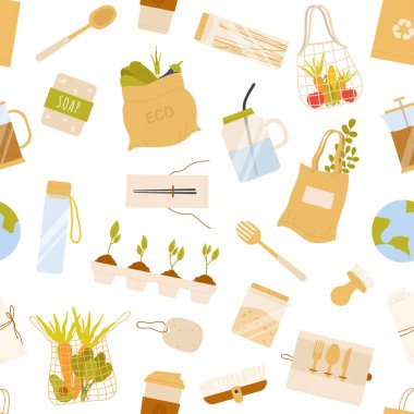 Yeniden kullanılabilir torbalar, ekolojik gereçler, cam kavanozlar, sabun ve bitkiler, sürdürülebilir yaşam ve çevresel farkındalık için beyaz arkaplan vektör ilülasyonunda izole edilmiş sıfır atık deseninde düzenlenmiştir.