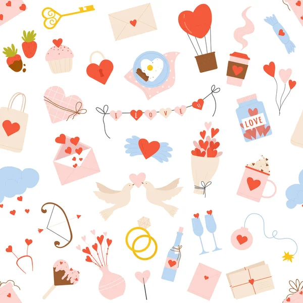 Sevgililer Günü kutlamaları için kalpler, güvercinler, hediyeler, çiçekler ve aşk temalı unsurlar içeren kusursuz bir şablon, şenlikli arka planlar ve dekor vektör çizimi için mükemmel.