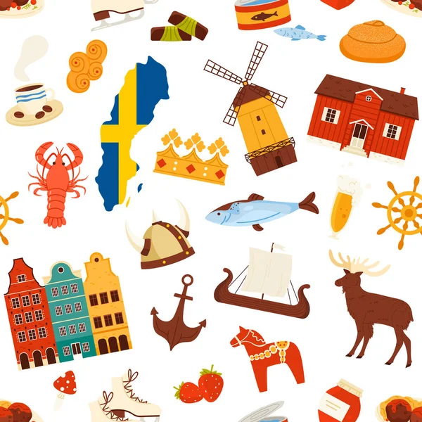 İsveç kültür simgeleri arasında harita, yiyecek, hayvanlar ve pürüzsüz yinelenen desenler halinde düzenlenmiş, arka plan ve seyahat temaları için idealdir, beyaz arkaplan vektör ilülasyonunda izole edilmiştir.