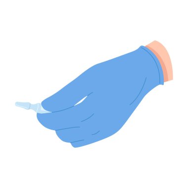 Mavi eldivenli el, tıbbi veya aşı amaçlı şırınga ampulünü izole edilmiş arka plan vektör illüstrasyonunda tutuyor