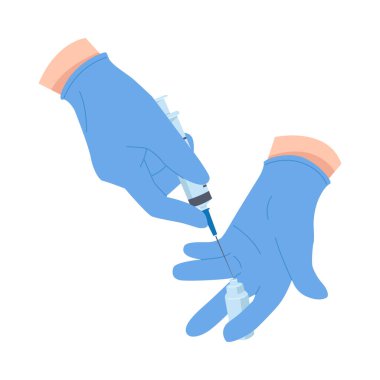 Mavi eldivenli tıbbi profesyoneller şırınga izole edilmiş vektör çizimleriyle şişeden sıvı çekiyorlar.