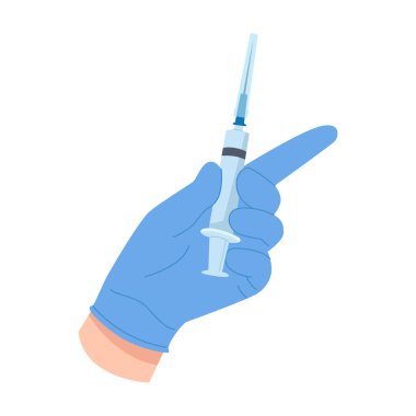Beyaz izole edilmiş arka plan illüstrasyonunda enjeksiyon için mavi eldivenli el şırıngası