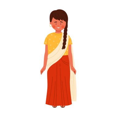 Geleneksel sari elbiseli gülümseyen Hintli kadın beyaz arka plan çiziminde tek başına duruyor.