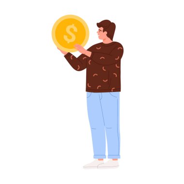İzole genç adam finans veya yatırım konsepti vektör illüstrasyonu için büyük para sembolü sunuyor.