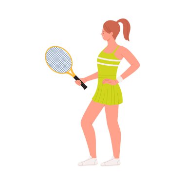 Yeşil kıyafetli, elinde raket tutan, beyaz vektör illüstrasyonunda tek başına duran kendinden emin bir bayan tenis oyuncusu.