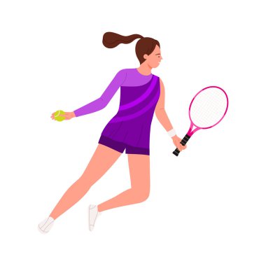 Mor kıyafetli dinamik bayan tenisçi izole edilmiş beyaz arka plan çiziminde raket ve top tutuyor.