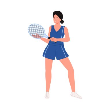 Mavi üniformalı gülümseyen kadın tenisçi beyaz izole edilmiş arka plan illüstrasyonunda raket tutuyor.