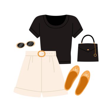 Siyah bluzlu, şortlu, aksesuarlı ve arka planda izole edilmiş vektör illüstrasyonunda ayakkabılı modaya uygun kadınlar yaz kıyafetleri.