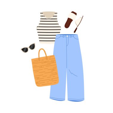 Üstü çizgili kadınlar, kot pantolonlar, sandaletler, güneş gözlükleri ve izole vektör illüstrasyonları