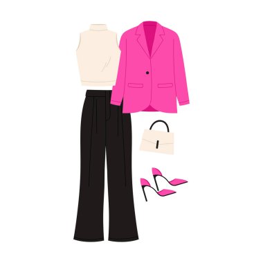 Pembe ceket, siyah pantolon ve aksesuar vektör illüstrasyonuyla izole edilmiş modern kadın kıyafetleri.
