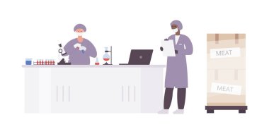 Koruyucu giysi araştırmacıları, izole edilmiş bir laboratuvar ortamında et eti örneklerini analiz ediyorlar.