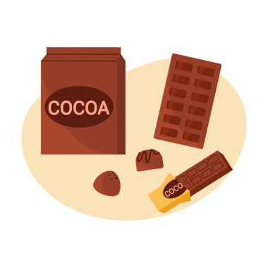 Kakao tozu, çikolata ve çeşitli şekerler beyaz izole edilmiş arka plan vektör illüstrasyonunda