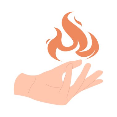Beyaz arka planda stilize edilmiş alevi olan minimalist el, enerjiyi ve gücü sembolize ediyor, izole edilmiş vektör çizimi