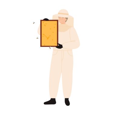 Koruyucu kıyafetli arıcı arılarla birlikte izole edilmiş beyaz arka plan illüstrasyonunda bal peteği tutuyor.