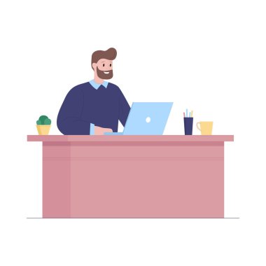 Ofis masasında sakallı bir adam oturuyor. Laptop, kahve ve bitki, izole vektör çizimi.