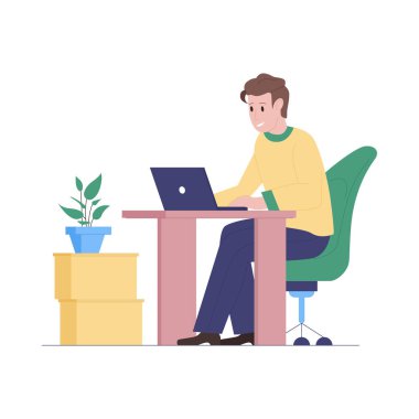 Çalışmak ya da çalışmak için dizüstü bilgisayar kullanan izole genç adam, modern çalışma alanı çizimi